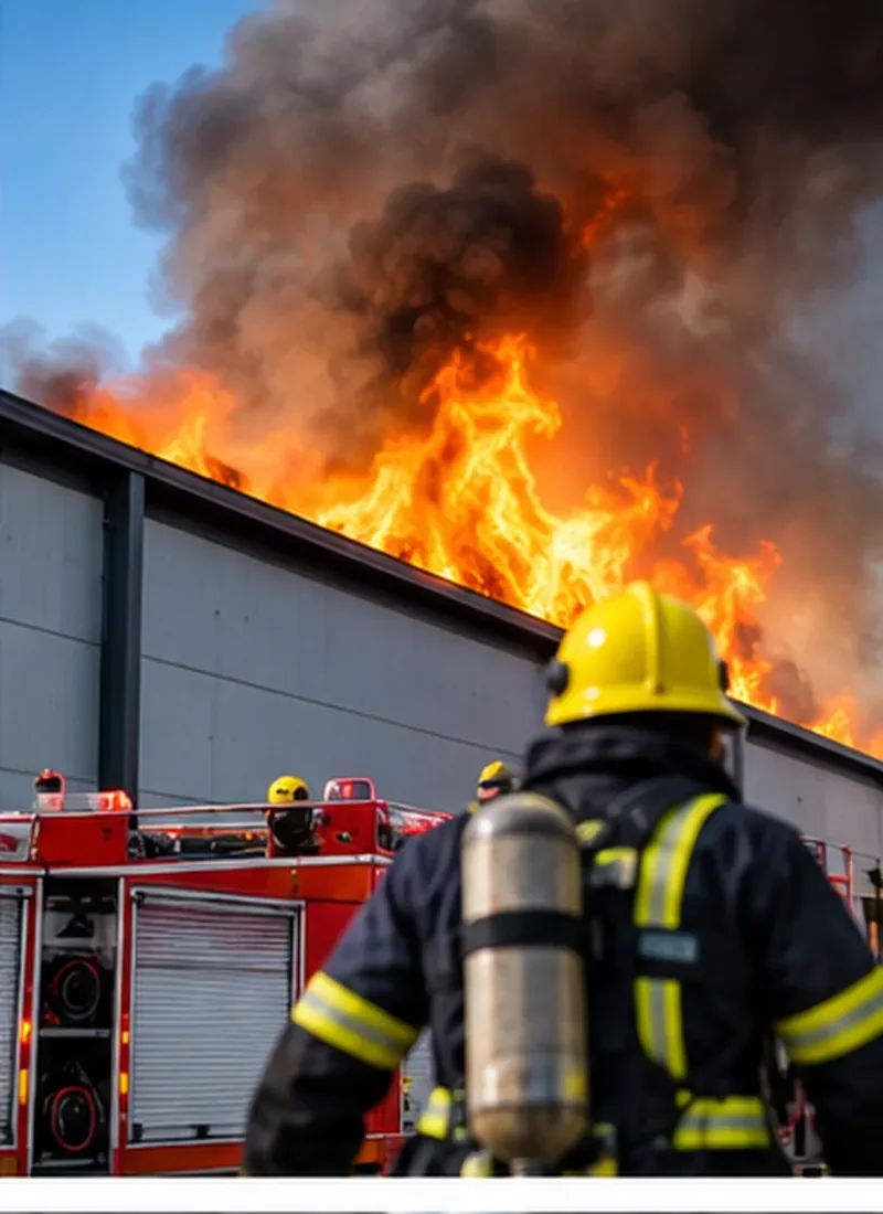Seguro Multirriscos Empresarial 2 Bombeiros a combater um incêndio num edifício comercial