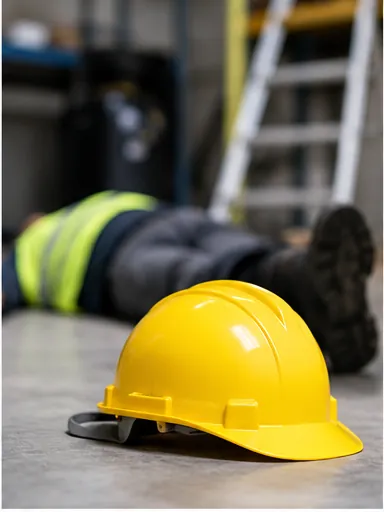 Seguro de Acidentes de Trabalho 2 Capacete de proteção no chão após um acidente de trabalho