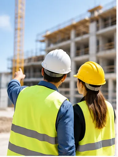 Seguro de Acidentes de Trabalho 9 Dois trabalhadores com colete e capacete numa obra em construção