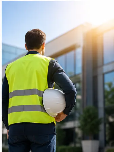 Seguro de Acidentes de Trabalho 1 Trabalhador com colete refletor e capacete à frente de um edifício de escritórios