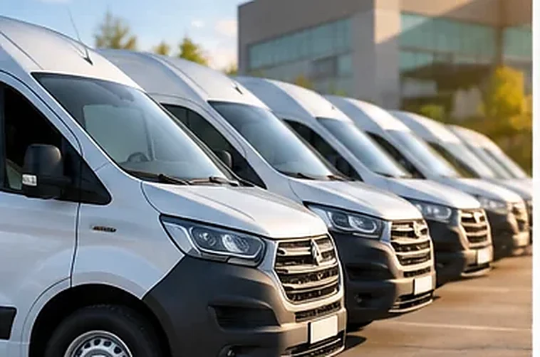 A company’s fleet of white vans parked next to the premises