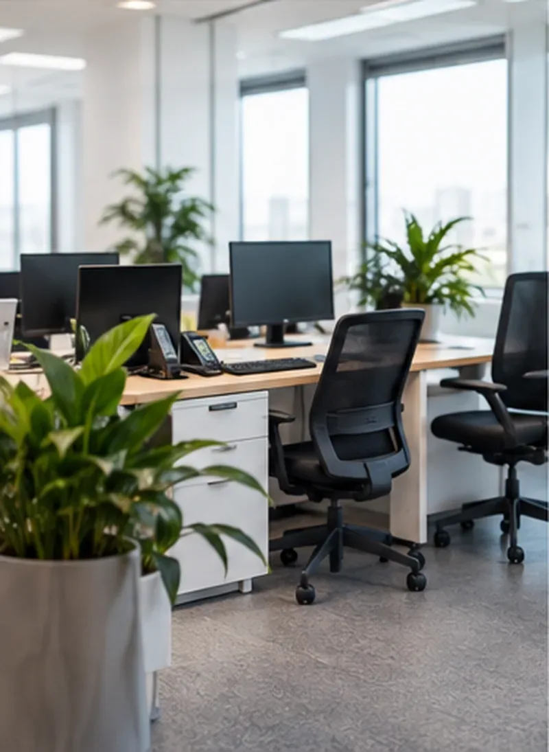 Seguro Multirriscos Empresarial 3 Escritório moderno com secretárias, computadores e plantas