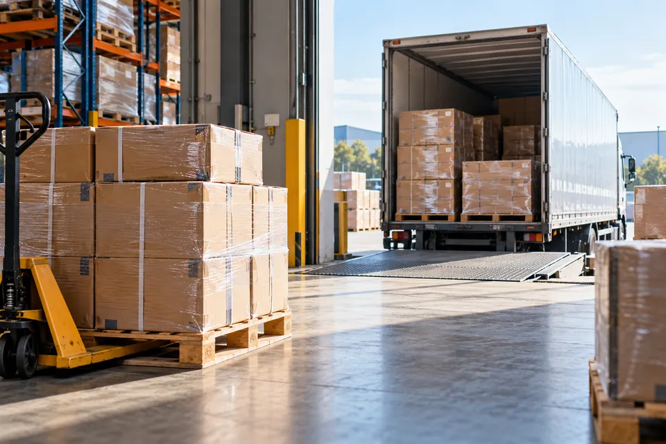 Mercadorias paletizadas preparadas para transporte num armazém