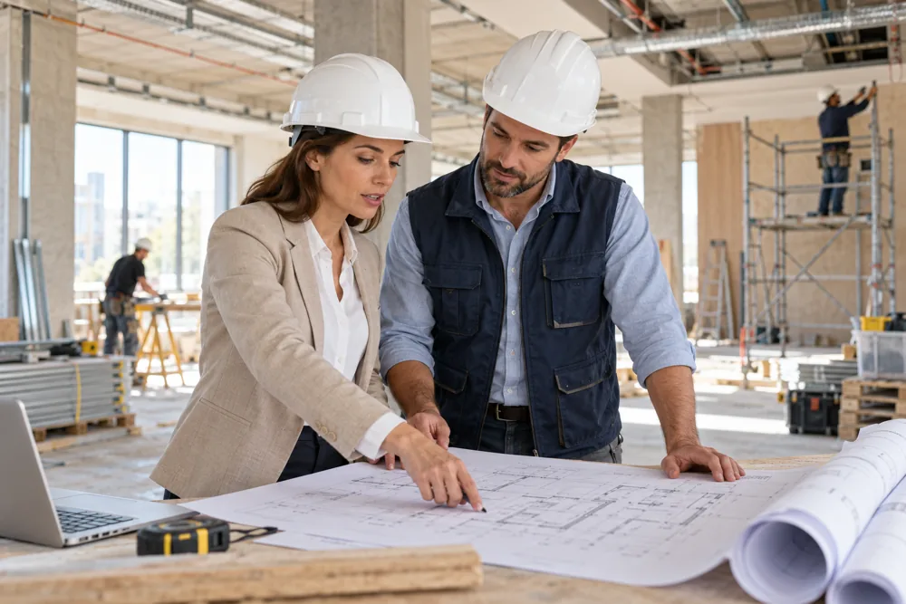 Seguro de Responsabilidade Civil Empresas 2 Arquiteta e responsável de obra a analisar planos num espaço em construção