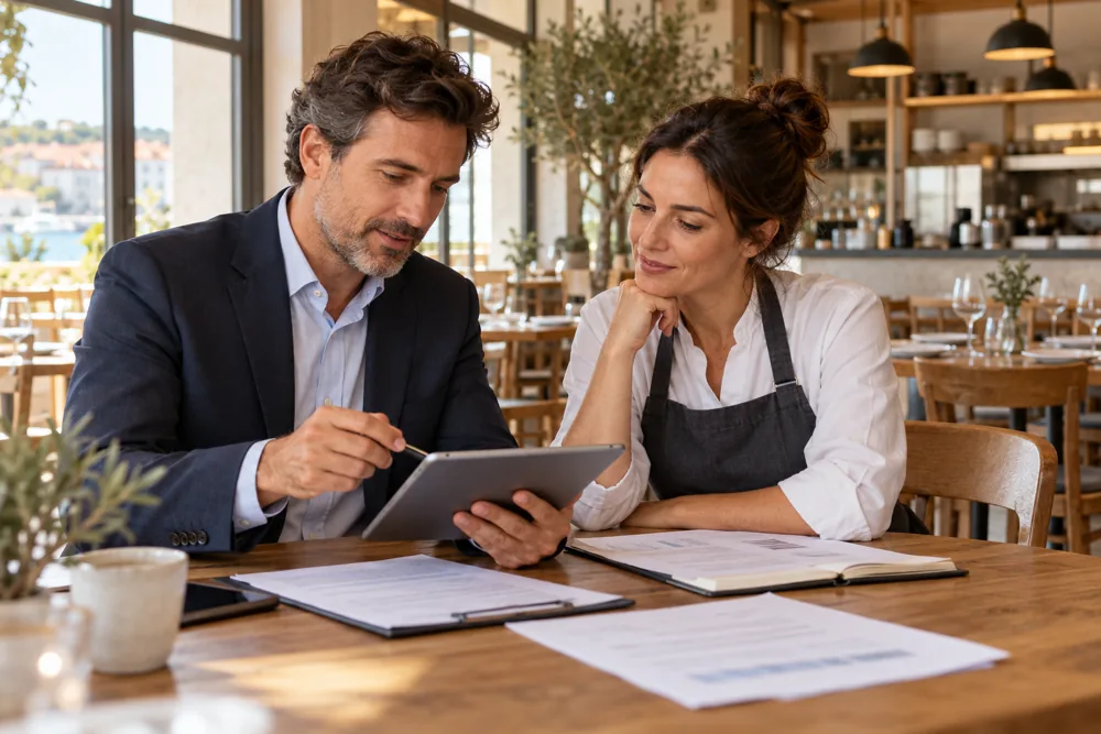 Seguro de Responsabilidade Civil Empresas 3 Consultor e responsável de restauração a analisar as necessidades de seguro do negócio